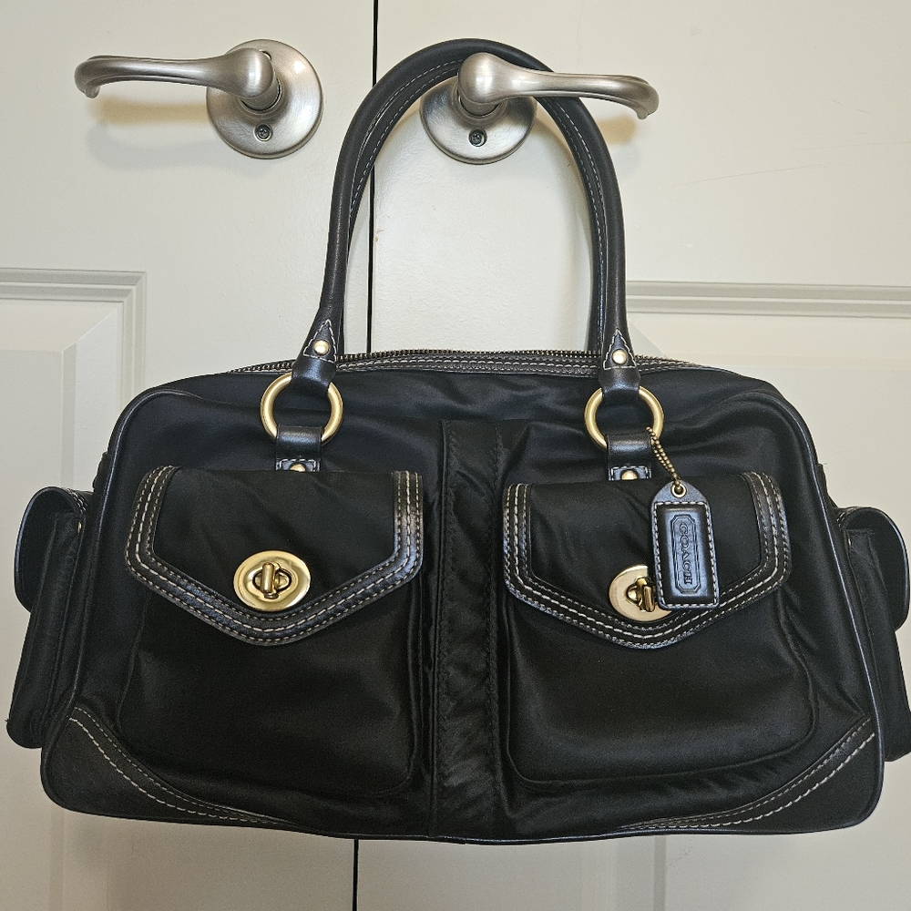Coach Black Nylon Pocket Satchel with Gold Accents
